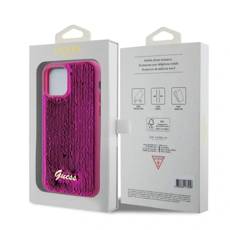 Husa Guess Sequin Script Logo pentru iPhone 12/12 Pro Magenta