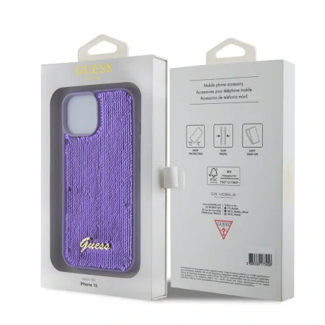 Husa Guess Sequin Script Logo pentru iPhone 15 Purple