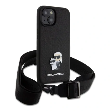 Husa Karl Lagerfeld Saffiano Crossbody Metal Karl and Choupette pentru iPhone 15 Black