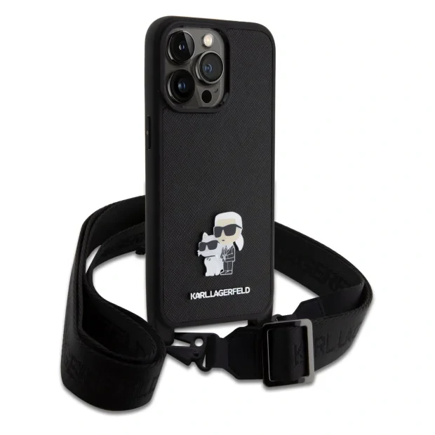 Husa Karl Lagerfeld Saffiano Crossbody Metal Karl and Choupette pentru iPhone 15 Plus Black