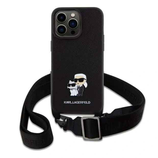 Husa Karl Lagerfeld Saffiano Crossbody Metal Karl and Choupette pentru iPhone 15 Plus Black
