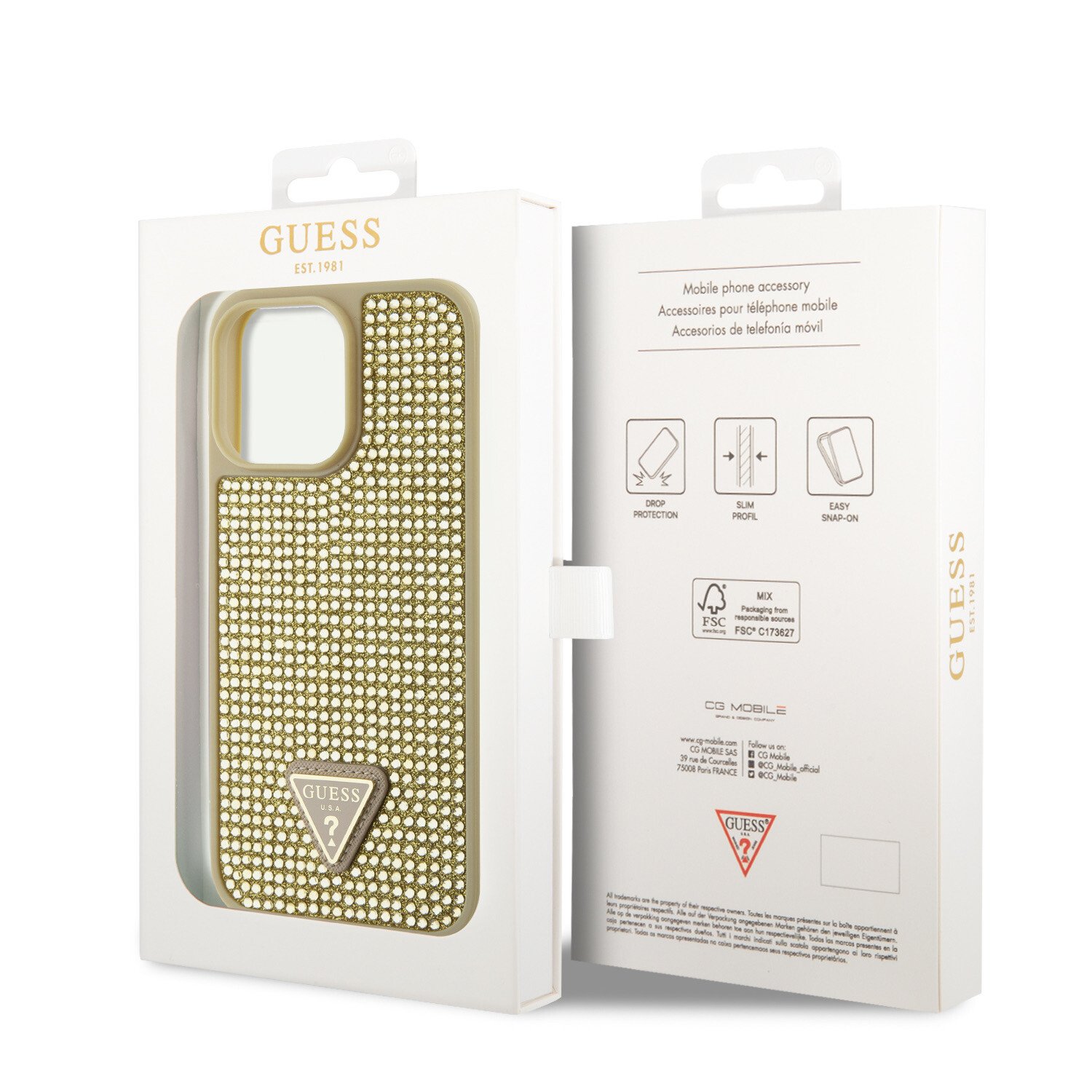 Guess Rhinestones Triangle Metal Logo Kryt pro iPhone 15 Pro Max Gold thumb