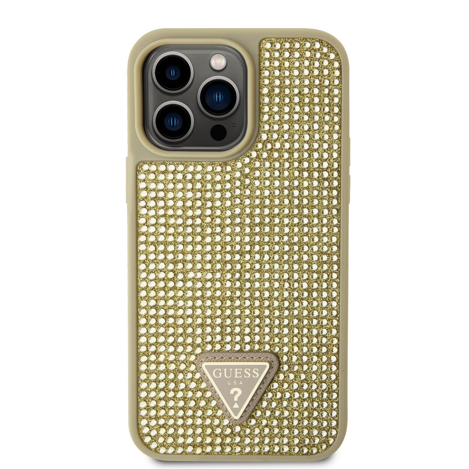 Guess Rhinestones Triangle Metal Logo Kryt pro iPhone 15 Pro Max Gold thumb