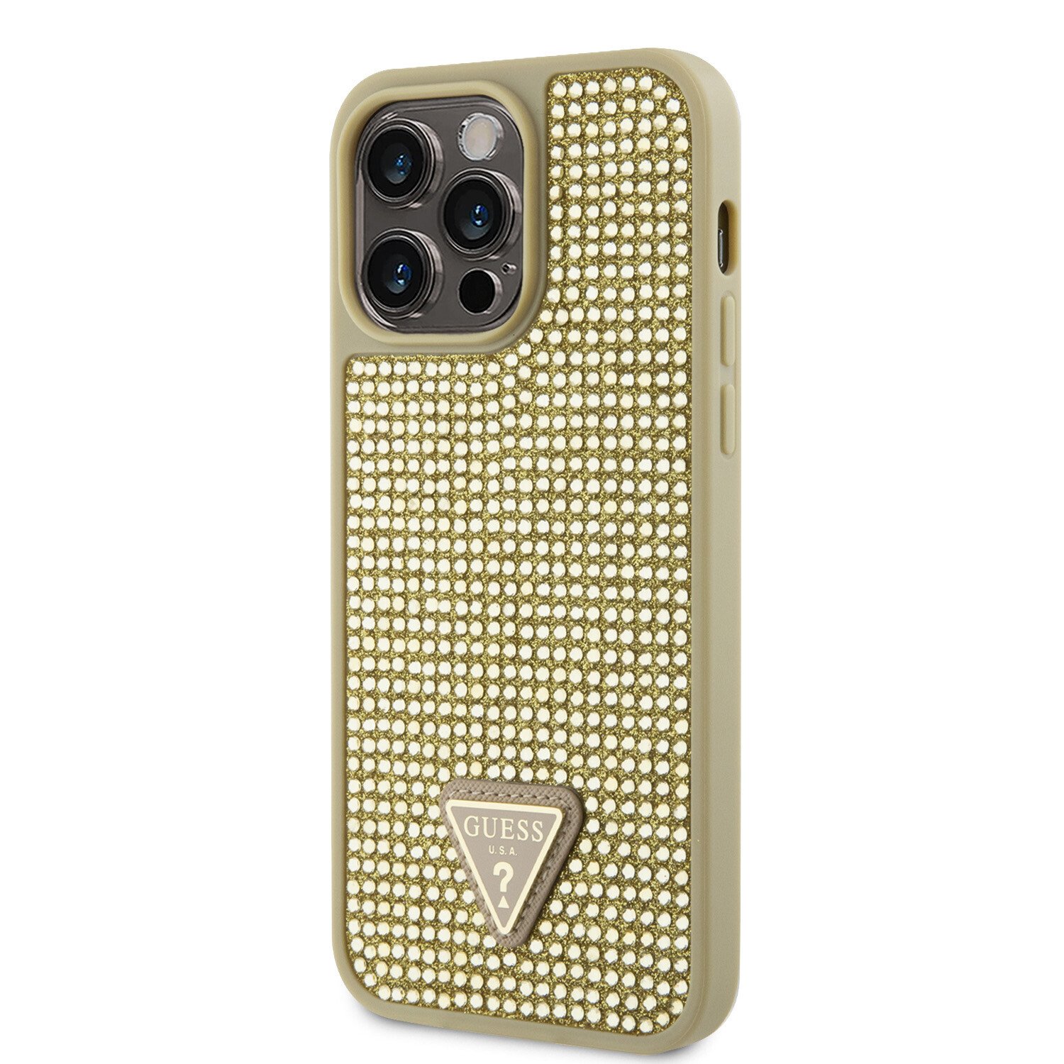 Guess Rhinestones Triangle Metal Logo Kryt pro iPhone 15 Pro Max Gold thumb