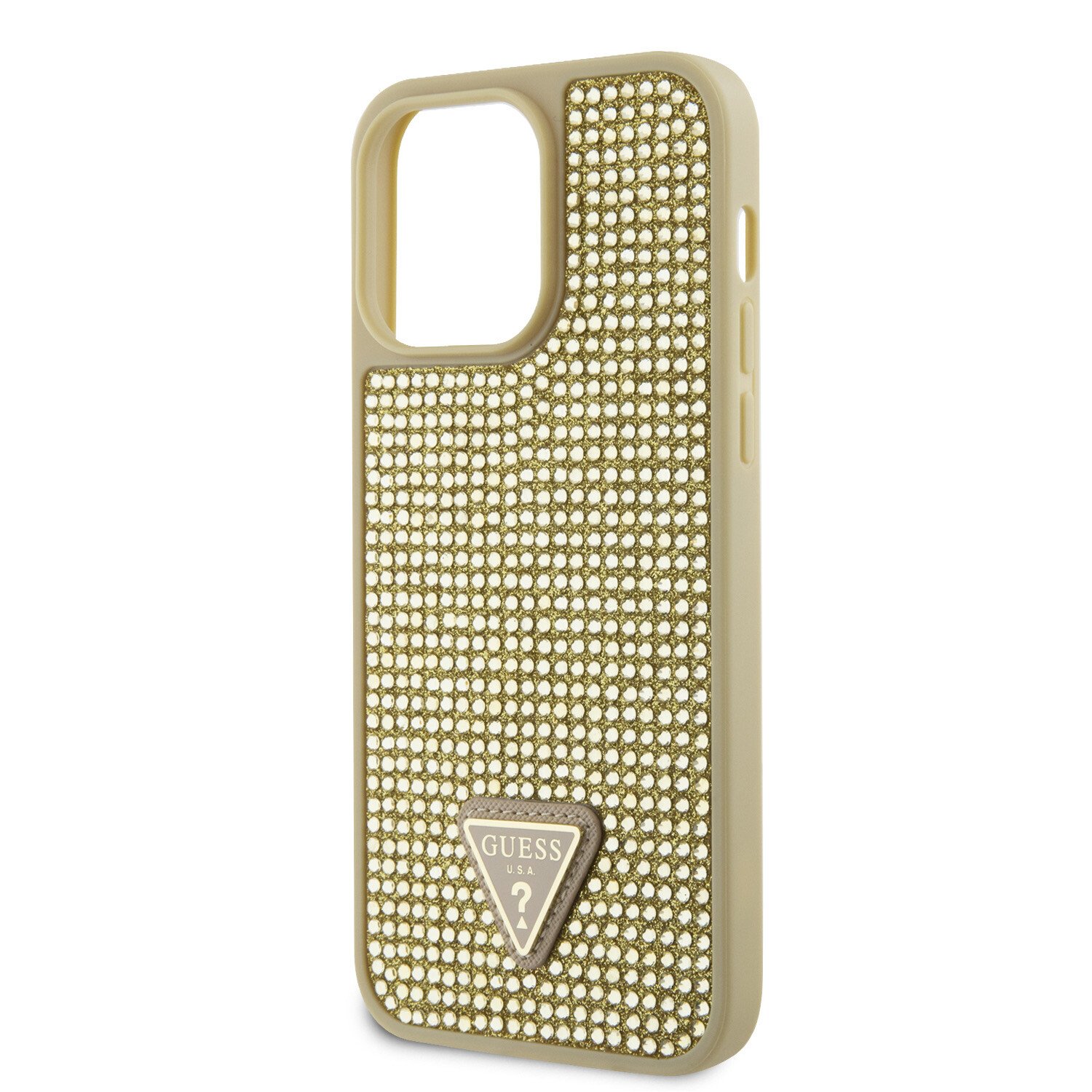 Guess Rhinestones Triangle Metal Logo Kryt pro iPhone 15 Pro Max Gold thumb