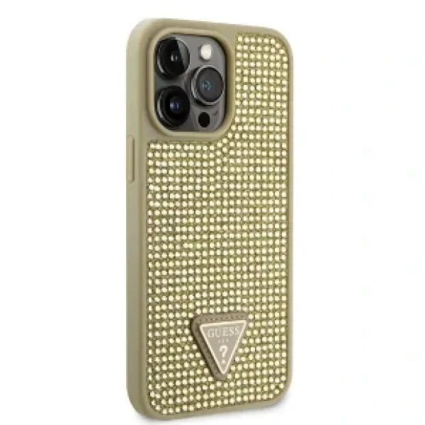 Guess Rhinestones Triangle Metal Logo Kryt pro iPhone 15 Pro Max Gold