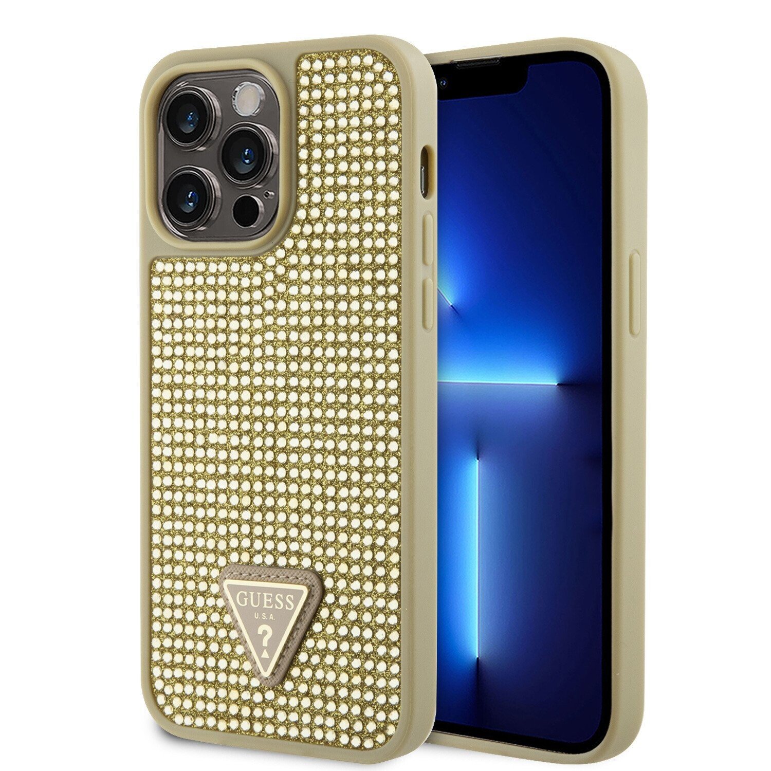 Guess Rhinestones Triangle Metal Logo Kryt pro iPhone 15 Pro Max Gold thumb