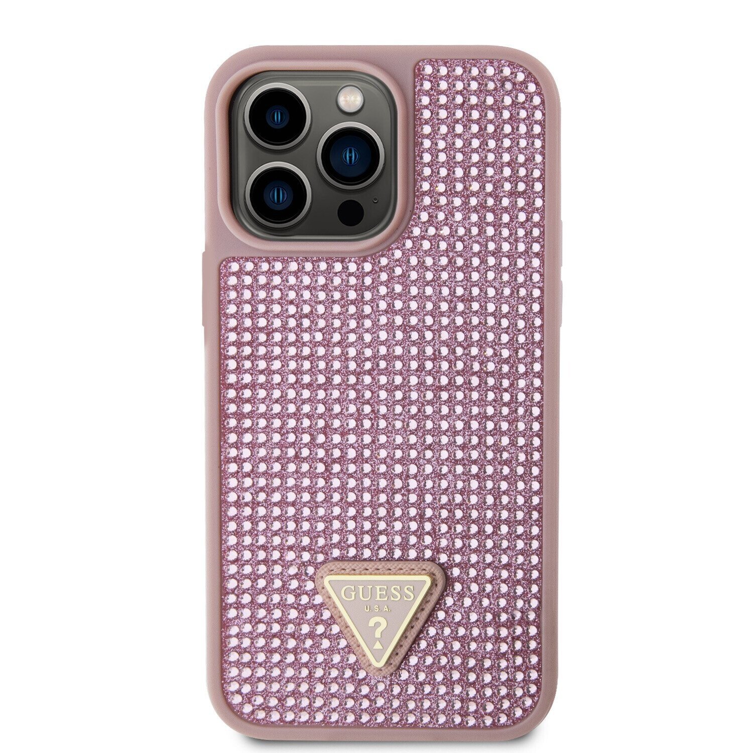 Husa Guess Rhinestones Triangle Metal Logo pntru iPhone 15 Pro Max Pink thumb