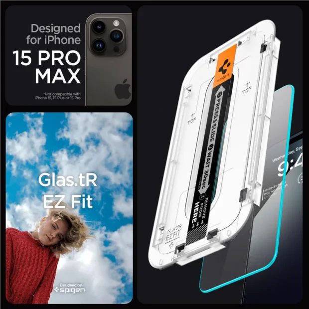 Folie sticla Spigen tR EZ Fit 2 Pack pentru iPhone 15 Pro Max, Transparent