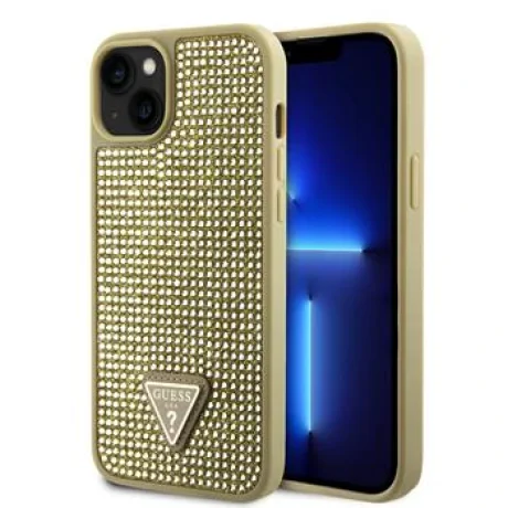 Husa Guess Rhinestones Triangle Metal Logo pentru iPhone 15 Gold