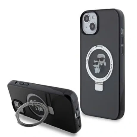 Husa Karl Lagerfeld Ringstand Karl and Choupette MagSafe pentru iPhone 15 Plus Black