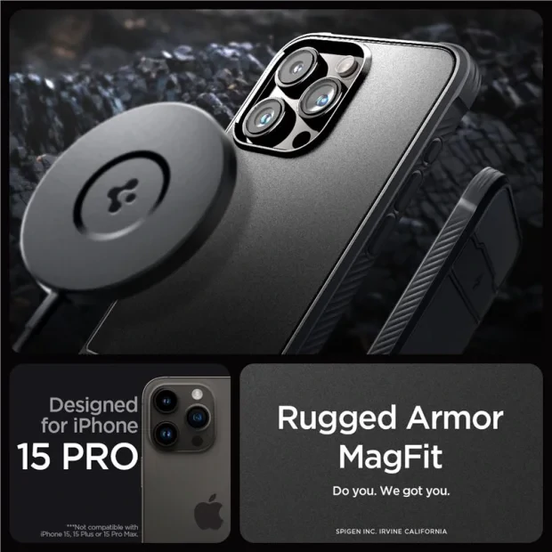 Husa Spigen Rugged Armor MagSafe pentru Phone 15 Pro, matte black