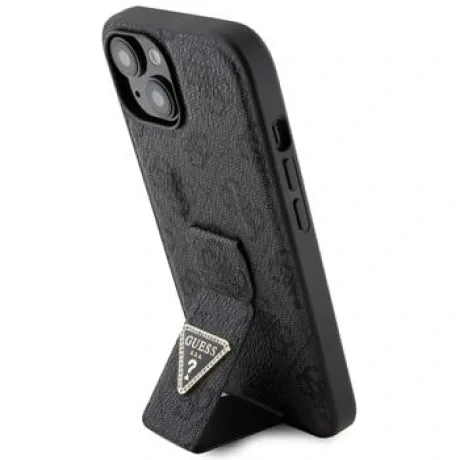 Husa Guess PU Grip Stand 4G Strass Triangle Metal Logo pentru iPhone 15 Black
