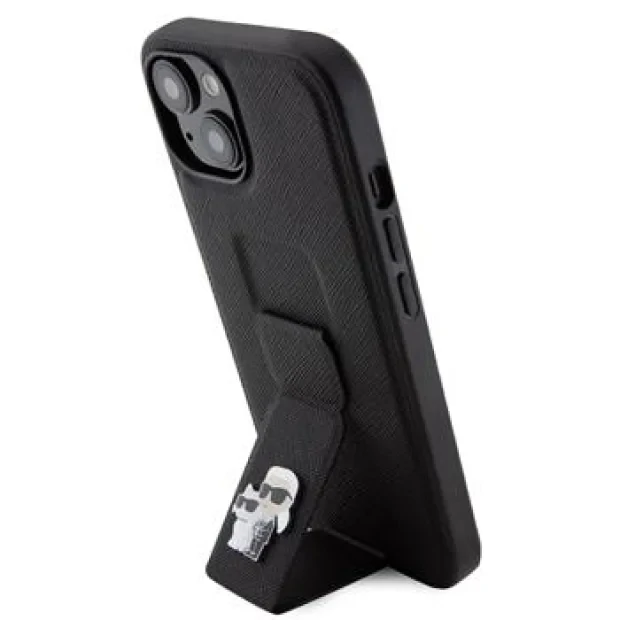 Husa Karl Lagerfeld Saffiano Grip Stand Metal Logo pentru iPhone 15 Black