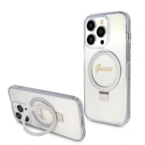 Husa Guess IML Ring Stand Glitter MagSafe pentru iPhone 15 Pro Max Transparent