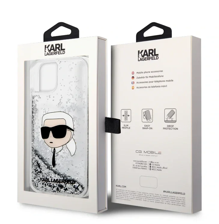 Husa Karl Lagerfeld Liquid Glitter Karl Head pentru iPhone 15 Silver
