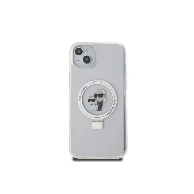 Husa Karl Lagerfeld Ringstand Karl and Choupette MagSafe pentru iPhone 15 White