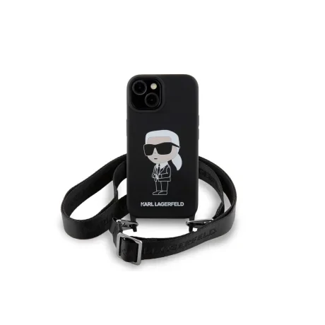 Husa Karl Lagerfeld Liquid Silicone Crossbody Ikonik pentru iPhone 15 Black