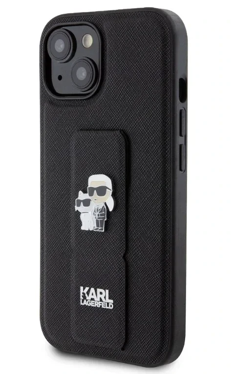 Husa Karl Lagerfeld Saffiano Grip Stand Metal Logo pentru iPhone 15 Black