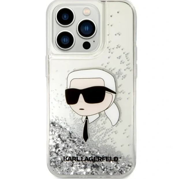 Husa Karl Lagerfeld Liquid Glitter Karl Head iPhone 15 Pro Max Silver