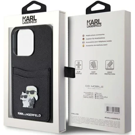 Husa Karl Lagerfeld PU Saffiano Card Slot Metal Karl and Choupette pentru iPhone 15 Black