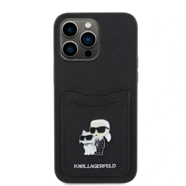 Husa Karl Lagerfeld PU Saffiano Card Slot Metal Karl and Choupette pentru iPhone 15 Pro Max Black