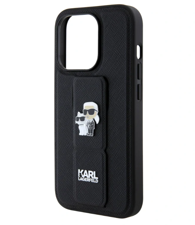 Husa Karl Lagerfeld Saffiano Grip Stand Metal Logo pentru iPhone 15 Pro Black thumb