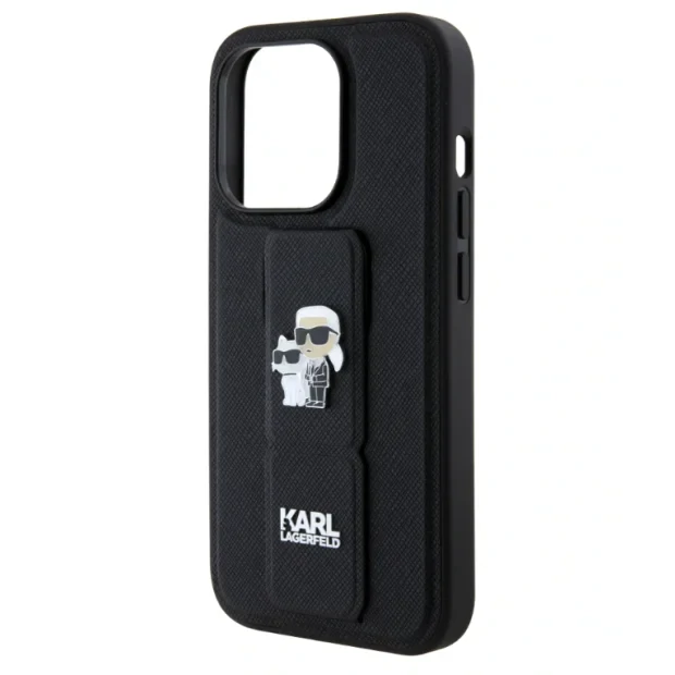 Husa Karl Lagerfeld Saffiano Grip Stand Metal Logo pentru iPhone 15 Pro Black