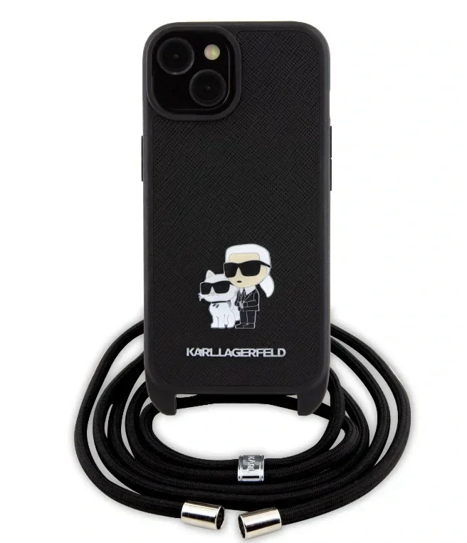 Husa Karl Lagerfeld Saffiano Nylon Crossbody Metal Karl and Choupette pentru iPhone 15 Black