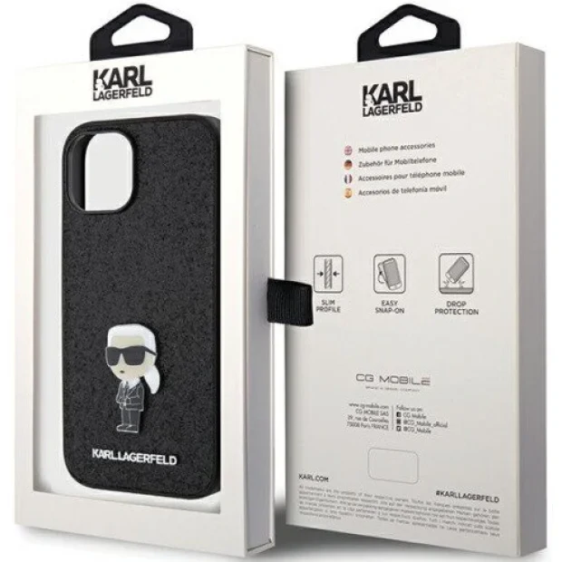 Husa Karl Lagerfeld Fixed Glitter Metal Ikonik pentru iPhone 15 Black