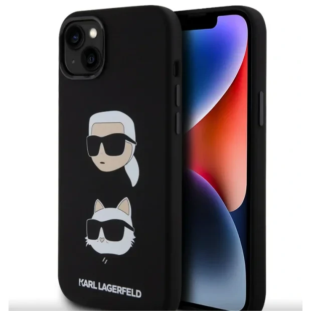 Husa Karl Lagerfeld Liquid Silicone Karl and Choupette Heads pentru iPhone 15 Plus Black