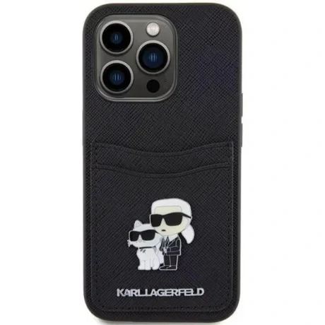 Husa Karl Lagerfeld PU Saffiano Card Slot Metal Karl and Choupette pentru iPhone 15 Pro Black