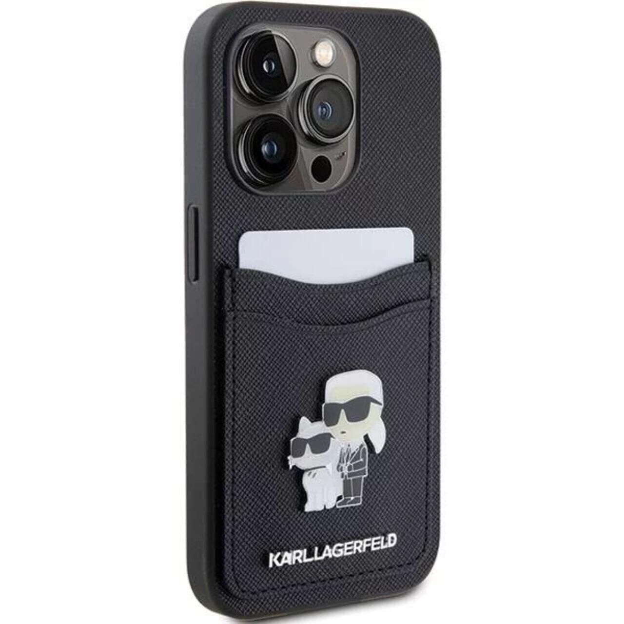Husa Karl Lagerfeld PU Saffiano Card Slot Metal Karl and Choupette pentru iPhone 15 Pro Black thumb
