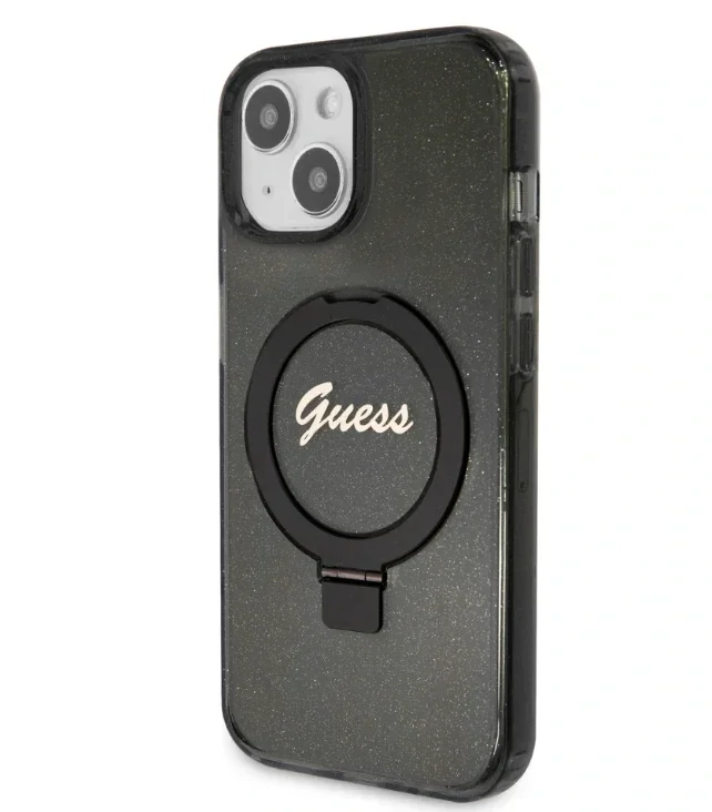 Husa Guess IML Ring Stand Glitter MagSafe pentru iPhone 15 Black