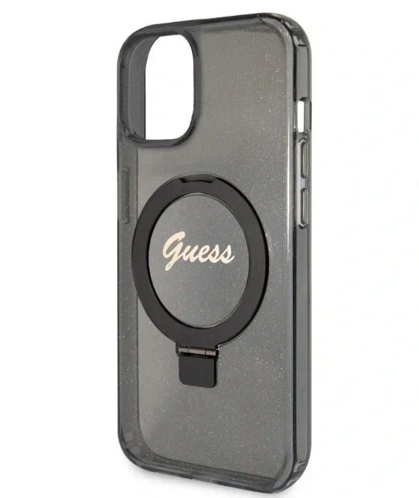 Husa Guess IML Ring Stand Glitter MagSafe pentru iPhone 15 Black