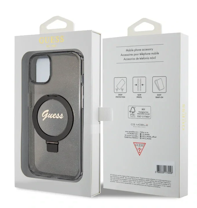 Husa Guess IML Ring Stand Glitter MagSafe pentru iPhone 15 Black
