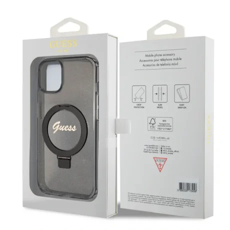 Husa Guess IML Ring Stand Glitter MagSafe pentru iPhone 15 Black