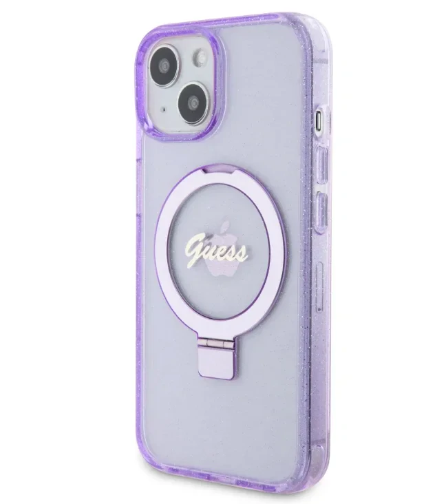 Husa Guess IML Ring Stand Glitter MagSafe pentru iPhone 15 Mov