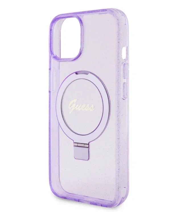Husa Guess IML Ring Stand Glitter MagSafe pentru iPhone 15 Mov