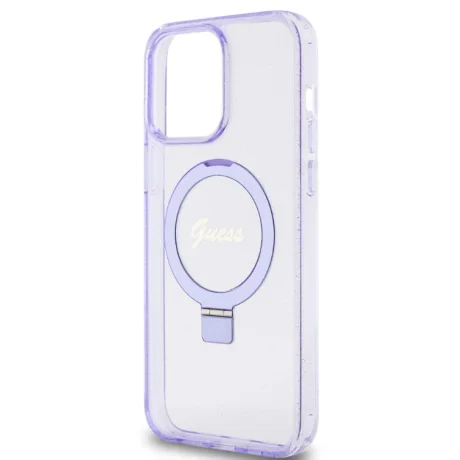 Husa Guess IML Ring Stand Glitter MagSafe pentru iPhone 15 Plus Purple