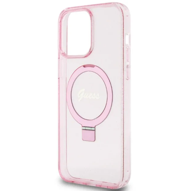 Husa Guess IML Ring Stand Glitter MagSafe pentru iPhone 15 Pro Max Pink