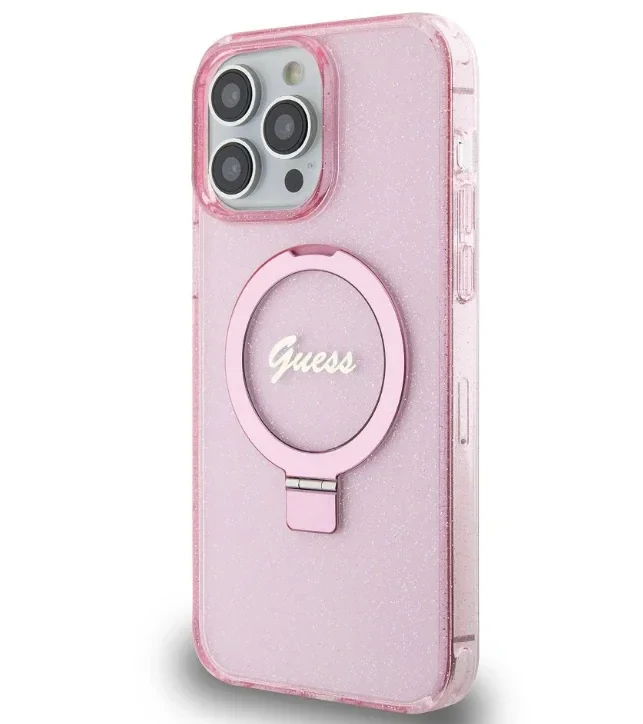 Husa Guess IML Ring Stand Glitter MagSafe pentru iPhone 15 Pro Max Pink