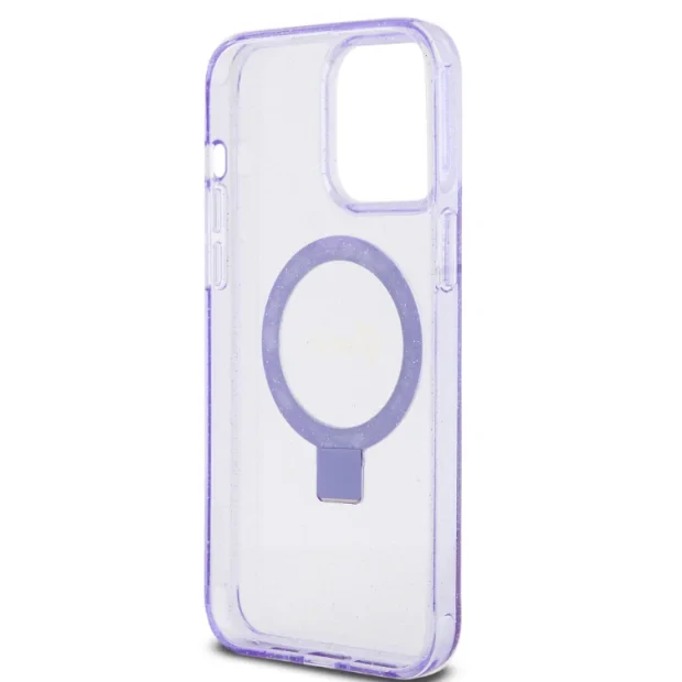 Coque IPhone 15 Guess Rigide Avec Support Anneau Pailleté - Rose, Compatible MagSafe, Neuf