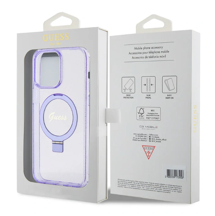 Husa Guess IML Ring Stand Glitter MagSafe pentru iPhone 15 Pro Max Purple thumb
