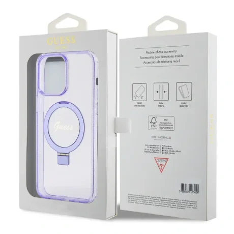 Husa Guess IML Ring Stand Glitter MagSafe pentru iPhone 15 Pro Max Purple