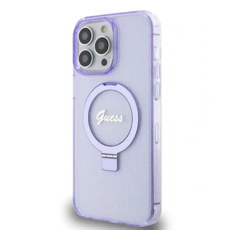 Husa Guess IML Ring Stand Glitter MagSafe pentru iPhone 15 Pro Max Purple