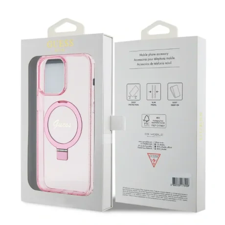 Husa Guess IML Ring Stand Glitter MagSafe pentru iPhone 15 Pro Pink
