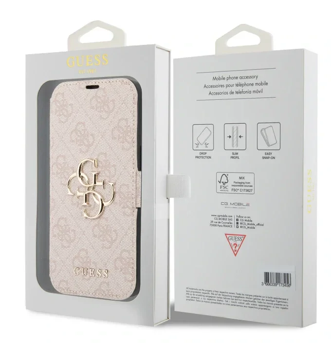 Husa Guess PU 4G Metal Logo Book pentru iPhone 15 Pink
