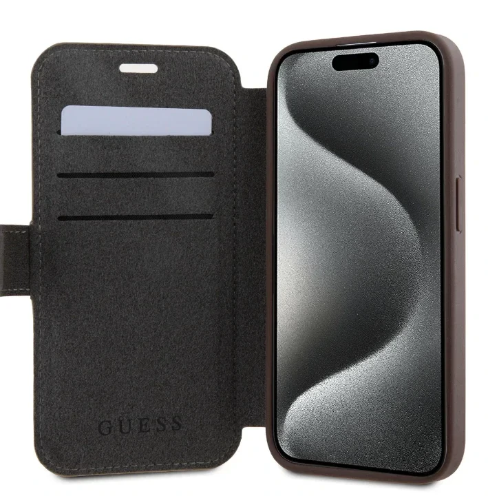 Husa Guess PU 4G Metal Logo Book pentru iPhone 15 Pro Max Brown