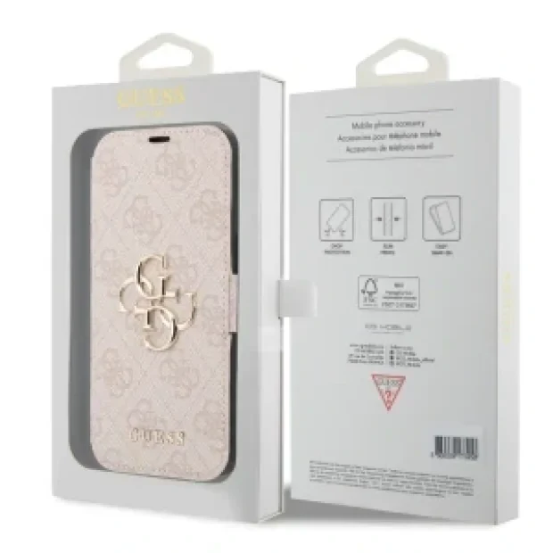 Husa Book Guess PU 4G Metal Logo Book pentru iPhone 15 Pro Max Pink